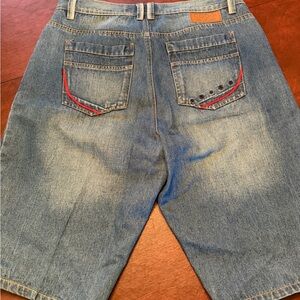 COOGI Men's 38 Light Blue Washed Denim Jean Shorts with red accents on pockets